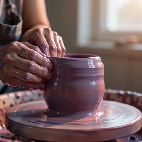 Hands shaping clay on a wheel